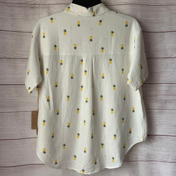Rae Dunn Women's Linen Pineapple Print Button Up Shirt Short Sleeve Collar Large - Picture 7 of 16